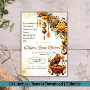 Bearbeitbare indische Babypartyeinladung, Godh Bharai-Feierkartenvorlage, traditionelle kulturelle Veranstaltung einladen, Hindu-Babyparty einladen