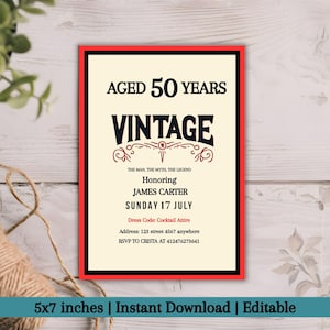 Editable 50th Birthday Invitation for Men, Aged to Perfection Whiskey-Inspired Printable, Over the Hill Party Invite, Digital Download