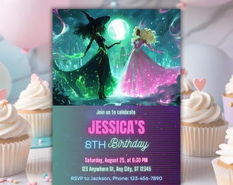 Wicked Theme Birthday invitation, Green and Pink Wicked Musical & Witches  Party Invite, Wicked Broadway Party Invitation Template, Editable