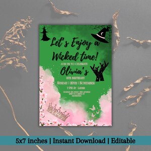 Wicked thema verjaardagsuitnodiging, groen en roze Wicked Musical & Witches feestuitnodiging, Wicked Broadway-feestuitnodiging sjabloon, bewerkbaar
