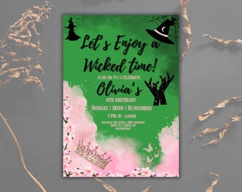 Wicked Theme Birthday invitation, Green and Pink Wicked Musical & Witches  Party Invite, Wicked Broadway Party Invitation Template, Editable