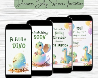 Dinosaur Baby Shower Invitation, Animated Digital Invite, Canva Template with Clickable RSVP, Boy Baby Shower, Hatching Soon, 1080x1920