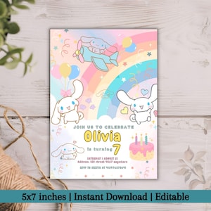 May include: A printable 5x7 inch birthday invitation featuring a rainbow, stars, and a cartoon dog. The invitation says "Join us to celebrate Olivia is turning 7".