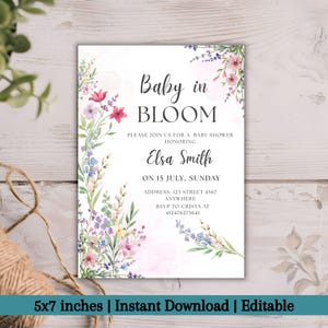 Editable Baby in Bloom Baby Shower Invitation, Wildflower Theme Invite, Pink Floral Spring Baby Shower Template, Digital Download