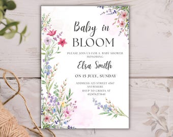Editable Baby in Bloom Baby Shower Invitation, Wildflower Theme Invite, Pink Floral Spring Baby Shower Template, Digital Download