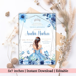Editable Blue Floral Rose Silver Quinceañera Invite, Floral Mis Quince Anos, Sweet 16 Birthday Girl Tiara, Diy Invite, INSTANT Download