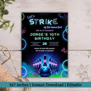 Editable Bowling Birthday Invitation Template, Strike up Some Fun Invitation, Birthday Game Invite, Neon Bowling Party blue Glow Invite