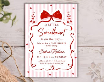 A Little Sweetheart Baby Shower Invitation, Pink Bow Baby Shower Invitation, Heart Baby Shower Invitation,  Baby Shower Invite