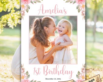 Cornice per foto del primo compleanno, cornice per foto del primo compleanno, cornice per foto floreale rosa, compleanno di una bambina, cornice per selfie con fiori di campo, modificabile