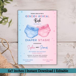 Edytowalny szablon zaproszenia na baby shower z pieluchami, różowy lub niebieski baby shower, zaproszenie dla niego lub niej, chłopca lub dziewczynki, zaproszenie neutralne pod względem płci