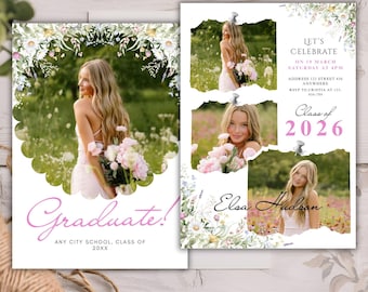 Wildflower Graduation Party Invitation | Boho Floral Photo Grad Invite | Editable Canva Template | Printable Graduation Invitation