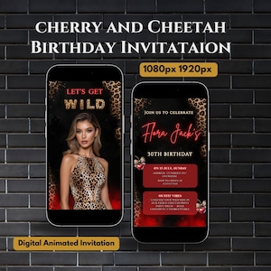 Cheetah Print Birthday Game Night Invitation Template | Neon Red Cherry & Leopard Glam Theme | Animated Digital Party Invite