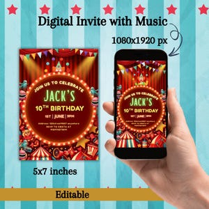 Sjabloon verjaardagsuitnodiging circus, digitale circusverjaardagskaart, bewerkbare verjaardagsuitnodiging carnaval, verjaardagsuitnodiging voor kinderen