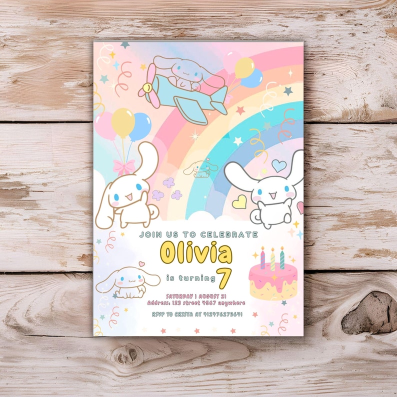 Rainbow cat-themed birthday invitation with adorable kitten designs, customizable for a fun kids’ party.