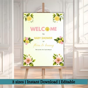 Editable Lemon Welcome sign Pink Lemon Baby shower Welcome poster Girl Citrus Lemon Pink Floral Decorations Lemonade Sign Printable