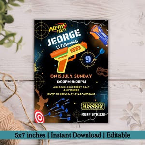 Bewerkbare Kids Blaster-feestuitnodiging – sjabloon voor digitale verjaardagsuitnodiging – afdrukbaar doelfeestontwerp – bewerkbare 5 x 7 verjaardagskaart