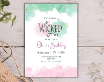 Wicked Theme Birthday invitation, Green and Pink Wicked Musical & Witches  Party Invite, Wicked Broadway Party Invitation Template, Editable