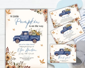 May include: A baby shower invitation with a blue pickup truck carrying pumpkins and fall foliage. The invitation says "A Little Pumpkin is on the way" and includes the name "Elsa Hudson".