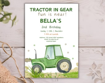 May include: A printable invitation for a 2nd birthday party featuring a green tractor illustration. The invitation reads "TRACTOR IN GEAR fun is near! BELLA'S 2nd Birthday Sunday 20th November 7 PM at Lavish Address: 123 street 4567 anywhere RSVP TO CRISTA AT 412476273641".