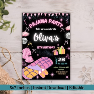 Modèle modifiable d&#39;invitation d&#39;anniversaire pyjama, invitation à une soirée spa, soirée pyjama dorloter, invitations glamour, filles glamour, soirée pyjama filles
