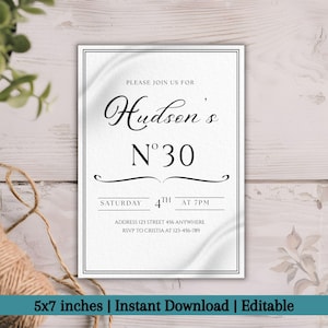 Peut inclure: Une invitation blanche avec du texte noir, encadrée d'une fine bordure noire. Le texte indique "PLEASE JOIN US FOR Hudson's N°30" avec les détails de l'événement. La carte mesure 12,7 x 17,8 cm et est téléchargeable instantanément.