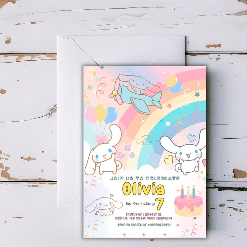 Colorful rainbow cat birthday invitation template with whimsical kitten illustrations, perfect for a fun-filled event.