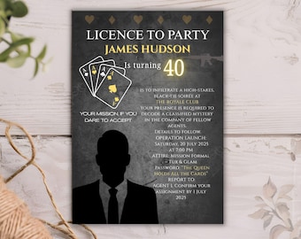 Invitación de cumpleaños editable de agente secreto, plantilla de fiesta con temática de espías, invitación digital inspirada en casinos para el 40.º cumpleaños de un hombre.