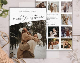 Editable Christmas Photo Collage Card Template, Modern Vertical Holiday Photo Card, Customizable Winter Greeting Design