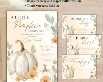 Little Pumpkin Baby Shower Bundle | Editable Invitation, Raffle, Books for Baby & Thank You Card | Fall Autumn Girl Baby Shower Templates