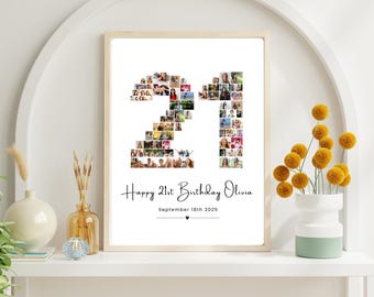 Puede incluir: Un póster de collage de fotos de cumpleaños imprimible para un 21 cumpleaños con fondo blanco. El número 21 está formado por fotos. El texto "Happy 21st Birthday Olivia" y "September 18th 2025." está debajo del número 21.