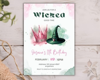 Wicked Theme Birthday invitation, Green and Pink Wicked Musical & Witches  Party Invite, Wicked Broadway Party Invitation Template, Editable