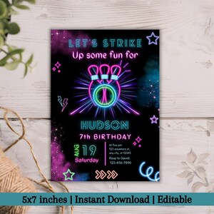 Editable Bowling Birthday Invitation Template, Strike up Some Fun Invitation, Birthday Game Invite, Neon Bowling Party pink blue Glow Invite