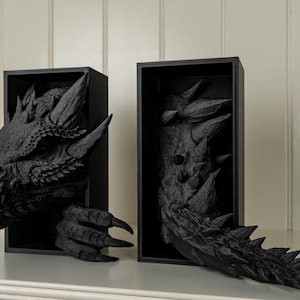 May include: Two black framed wall sculptures of a dragon's head and tail. The dragon's head is facing left and the tail is facing right. The sculptures are made of a textured material that looks like scales.