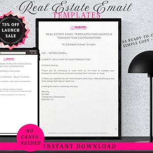 May include: A digital product image featuring real estate email templates. The image includes a tablet and a framed document with sample email text. A pink sale badge and the words "Instant Download" are also visible.