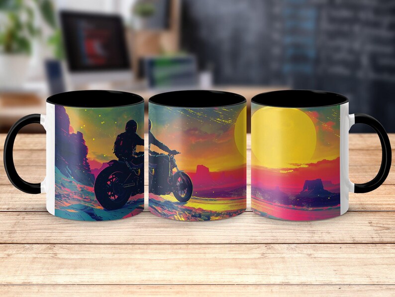 Sunset Motorcycle Mug, Vibrant Sunset Mug, Scenic Desert Art Mug