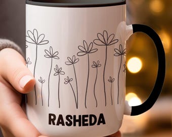 Personalisierte minimalistische Tasse, Bürogeschenk, individuelles Geschenk für sie, einzigartiges Blumenmuster, einfache individuelle Kaffeetasse Geschenkidee, Keramiktasse