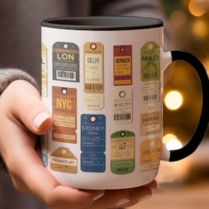 Travel Tag Mug, Airport Luggage Tag Mug, World Travel Mug, Globetrotter Mug, Wanderlust Mug, Gift for Traveler, Flight Mug, Adventure Mug