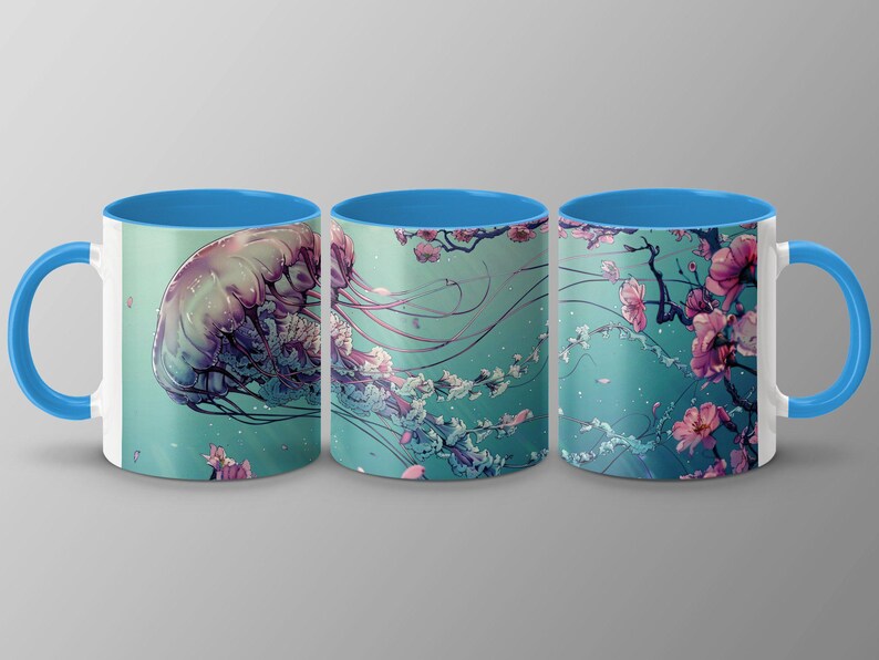 Floral Jellyfish Mug, 15oz, Unique Ocean Art Coffee Mug, Japanese