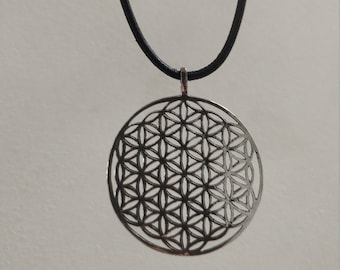 Large Sterling Silver Flower of Life Pendant on Black Leather Cord