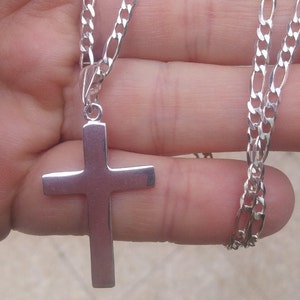 Large Cross Necklace, 925 Sterling Silver, Classic Cross Pendant on 4mm Figaro Chain, Crucifix Charm