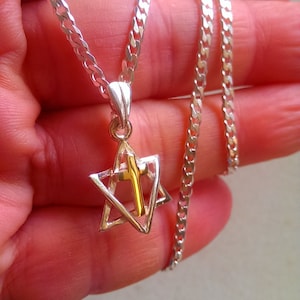 Star of David with Cross Pendant Necklace, Gold Cross on Sterling Silver Star, Solid Curb Chain - All Lengths