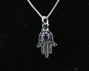 Sterling Silver Hamsa Hand Charm with Amethyst Necklace