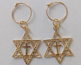 Gold filled Star of David with Cross Earrings, Born again faith ear rings