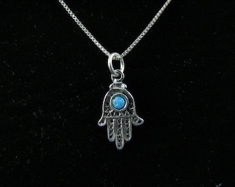 Hamsa Necklace, Hamsa Hand Pendant Necklace, Opal Hamsa Necklace, Hamsa Charm Necklace, Sterling Silver Hamsa Necklace with Opal Bead