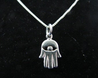 Sterling Silver Hamsa Hand Fatima Charm Pendant and 18 inch Chain Necklace