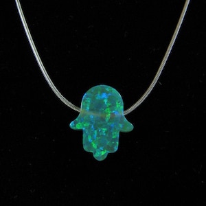 Green Opal Hamsa Hand Charm Pendant Necklace on Dainty Sterling Silver Chain