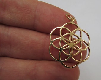 14K Gold Seed of Life Charm Pendant, Sacred Geometry Jewelry, Real Gold Flower of Life The Original Symbol 1 inch Large