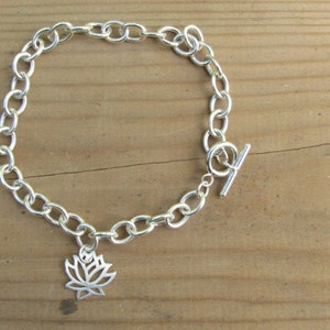 Lotus Bracelet Sterling Silver Cable Link Chain with Toggle Clasp