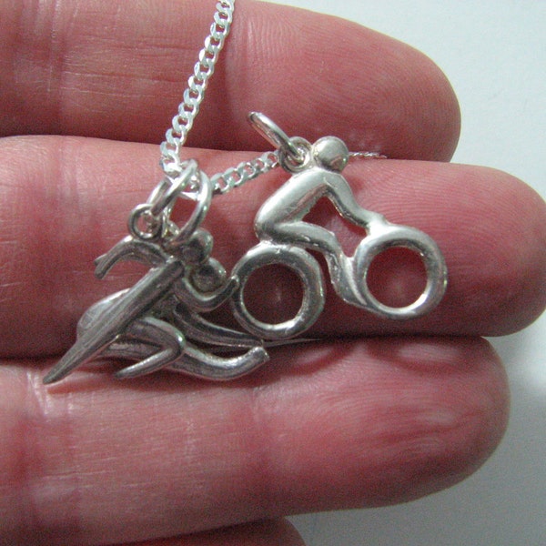 SWIM BIKE RUN Sterling Silver Triathlon Necklace, 3 Silver Charms on Curb Chain Unisex Gift for Triathlete