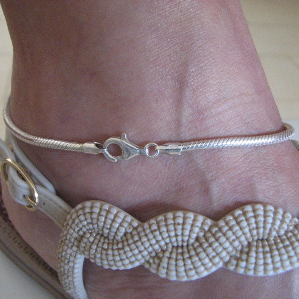 Sterling Silver 3mm Snake Chain Anklet, Solid 925, Suitable for European Charm Beads, Silver Ankle Bracelet